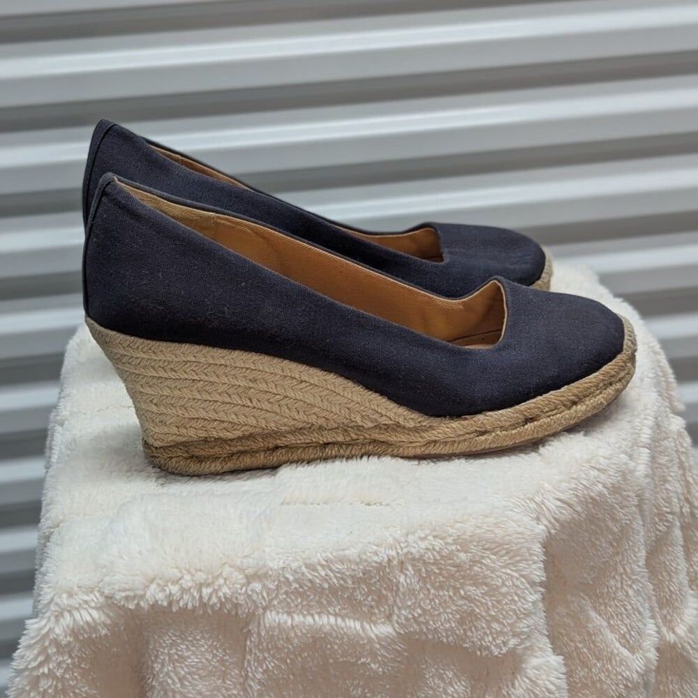 J.Crew Size 8 Navy Blue Canvas Espadrille Wedge Shoes Nautical Preppy Classic